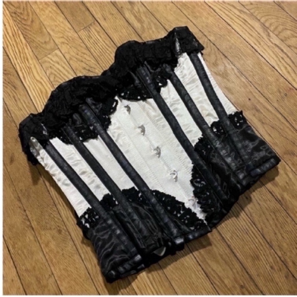Black and white corset black lace ruffle trim white corset circus clown corset